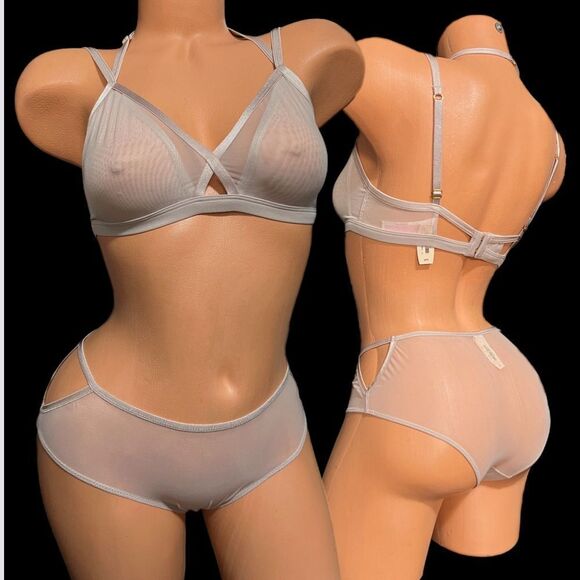 Victorias Secret Set Sexy Sheer Mesh Strappy Double Cup Unlined bralette & Panty - Picture 2 of 9